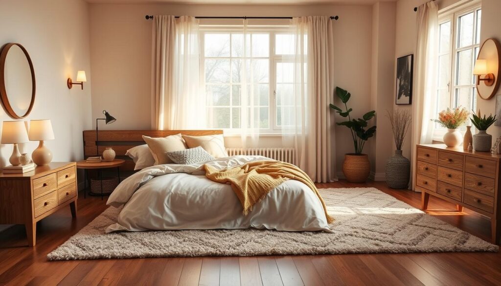 A cozy and inviting bedroom with soft, neutral-toned bedding and pillows, complemented by warm wood furniture and accents. A large, airy window floods the space with natural light, casting a serene, calming glow. Plush, textured rugs line the hardwood floors, adding a touch of coziness. Subtle, ambient lighting from table lamps and wall sconces creates a relaxing atmosphere, perfect for unwinding. Thoughtfully placed decorative elements, such as plants and artworks, add personal touches and a sense of tranquility. The overall composition should convey a harmonious, soothing environment that fosters relaxation and rest.