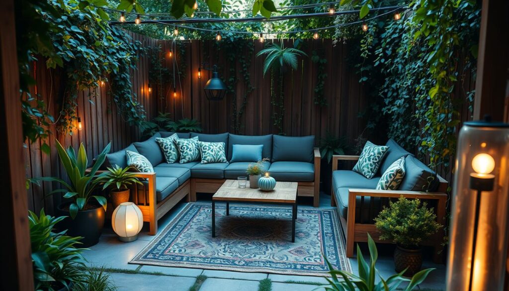 A cozy and inviting garden furniture arrangement in a small, intimate outdoor space. A modern, L-shaped sectional sofa with plush cushions and a matching coffee table made of natural wood and metal accents, positioned to create a conversational seating area. Lush potted plants and trailing vines strategically placed to add greenery and a sense of privacy. Soft, warm lighting from discreet floor lamps and overhead string lights cast a gentle glow, while an ornamental rug and patterned throw pillows complete the comfortable, welcoming ambiance. The scene is framed by a wooden fence or trellis, creating the illusion of a larger, more expansive garden. Dappled sunlight filters through the foliage, adding depth and a sense of tranquility to the intimate, cozy outdoor living space.
