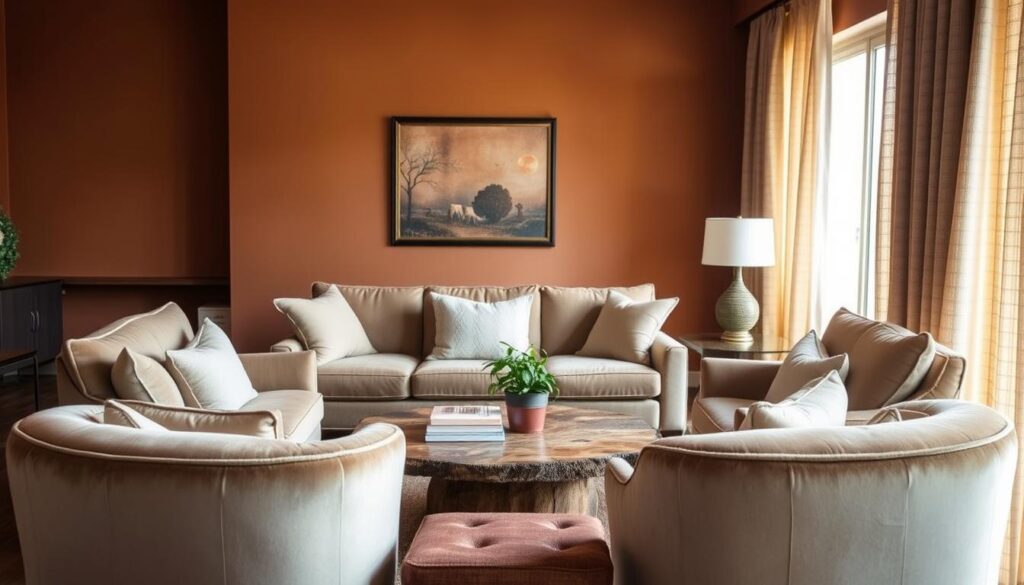 A cozy and inviting guest room with a plush, neutral-toned velvet sofa and armchair arrangement in the foreground. The middle ground features a rustic wooden coffee table with a potted plant and a stack of books. The background showcases a warm, earthy-toned accent wall with framed artwork and natural-fiber curtains that allow soft, diffused lighting to fill the space. The overall mood is one of relaxation and hospitality, with a touch of modern elegance.