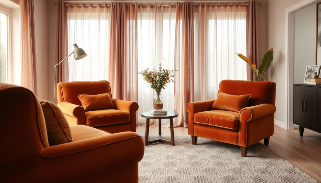 A cozy and inviting living room with a warm, earthy color palette. In the foreground, plush velvet armchairs in shades of ochre and terracotta sit atop a soft, textured area rug. The middle ground features a wooden side table with a vase of fresh flowers, while the background showcases a pair of sheer curtains in a complementary dusty rose hue, gently framing a large window that allows natural light to flood the space. The overall atmosphere is one of sophistication and relaxation, creating an ideal setting for hosting guests in a stylish and welcoming manner.
