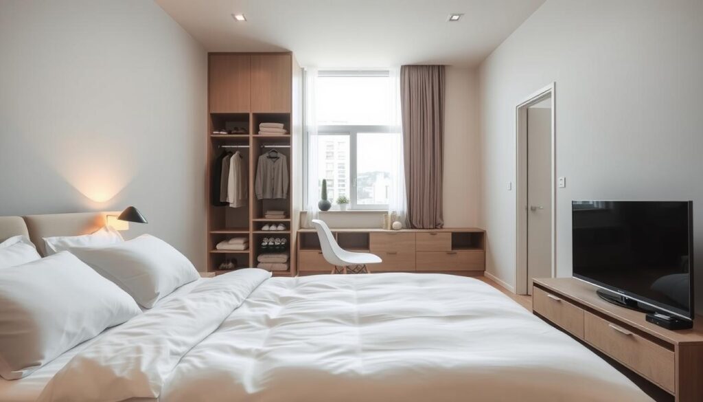 A cozy and multifunctional 20m2 living room-bedroom hybrid, featuring a sleek, minimalist design. In the foreground, a comfortable queen-sized bed adorned with crisp white linens and plush pillows. Beside it, a modern bedside table with a warm, ambient lamp. In the middle ground, a well-organized storage unit seamlessly blending into the wall, providing ample space for clothing and personal items. The background showcases a large window, allowing natural light to flood the room and create a bright, airy atmosphere. Subtle neutral tones and clean lines throughout, creating a harmonious and visually pleasing space that optimizes the limited square footage.