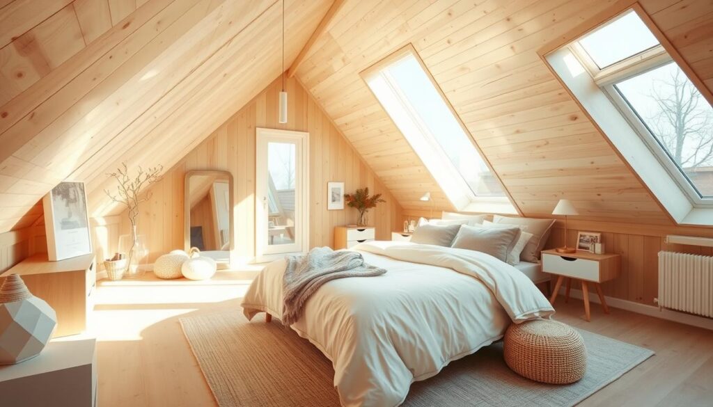 A cozy and well-lit attic bedroom with slanted ceilings and large windows, bathed in warm, natural light. The space features light-colored wood paneling and a clean, Scandinavian-inspired decor. Soft, neutral tones on the walls and textiles create an airy, expansive feel, while strategically placed mirrors and glass surfaces enhance the sense of openness. Minimalist, functional furniture and carefully curated decor elements blend seamlessly, highlighting the room's architectural details and maximizing the available space. An overall atmosphere of tranquility and sophistication, showcasing how thoughtful design can transform an attic into a serene and inviting retreat.