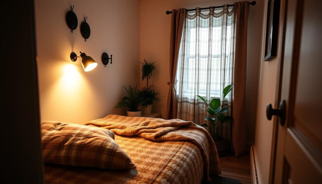 A cozy and well-lit small bedroom, with soft lighting from a pair of wall-mounted sconces casting a warm glow across the space. Plush textiles, such as a plaid throw blanket and patterned curtains, add visual interest and texture. A potted plant in the corner and a few carefully selected decorative accents create a harmonious and inviting atmosphere. The room is photographed from an angle that highlights the depth and openness, making the limited square footage feel more spacious. Muted, earthy tones predominate, creating a calming and relaxing ambiance.