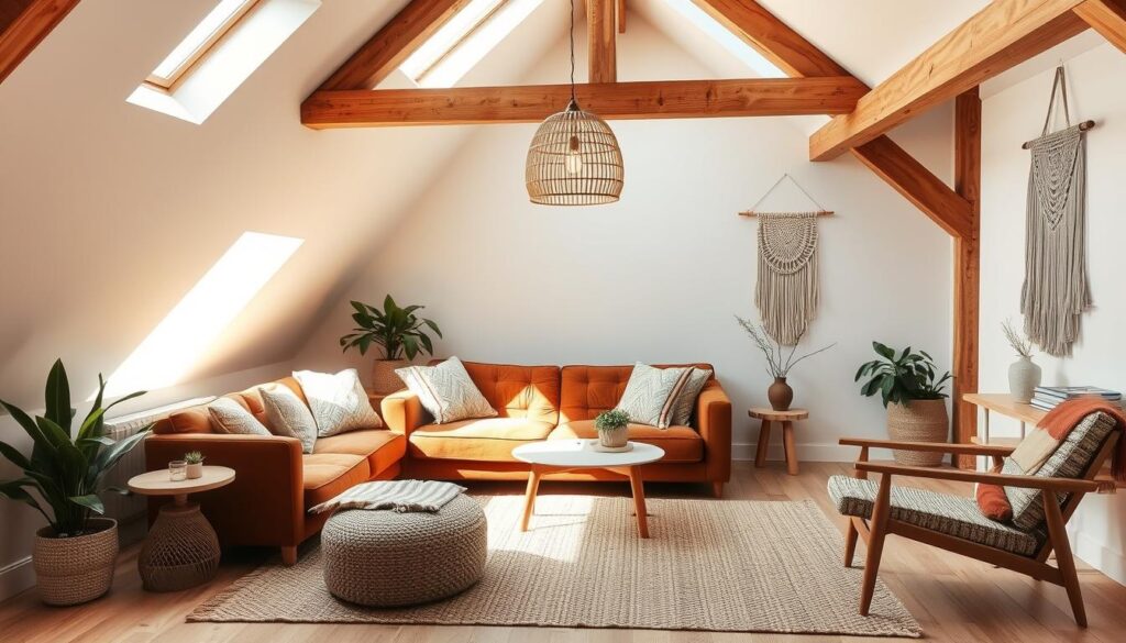 A cozy attic space, bathed in warm, natural light filtering through skylights. The room's focal point is a plush, tufted sofa in a rich, earthy tone, complemented by textured throw pillows and a woven area rug. Wooden beams and whitewashed walls create a rustic, Scandinavian-inspired atmosphere, while mid-century modern furniture pieces, including a sleek coffee table and minimalist side tables, add a touch of contemporary elegance. Potted plants and natural fibers, such as a woven pendant light and a macrame wall hanging, infuse the space with organic elements. The overall mood is one of tranquility, comfort, and harmonious design.