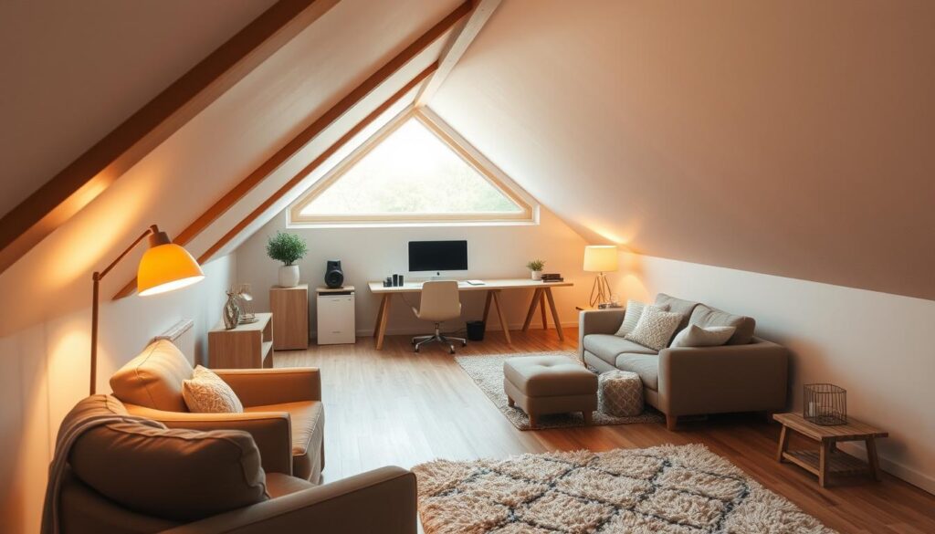 A cozy attic space showcasing the diverse functions of an upper-level room. In the foreground, a comfortable reading nook with a plush armchair and a floor lamp, bathed in warm, soft lighting. In the middle ground, a home office setup with a minimalist desk and a sleek computer, taking advantage of the natural light from the large dormer window. In the background, a cozy lounge area with a plush sofa and a fluffy rug, perfect for relaxation and entertainment. The space is designed with clean lines, natural materials, and a neutral color palette, creating a harmonious and versatile atmosphere. The angled walls and exposed beams add architectural interest, while the careful zoning of different functional areas highlights the unique characteristics of this upper-level space.