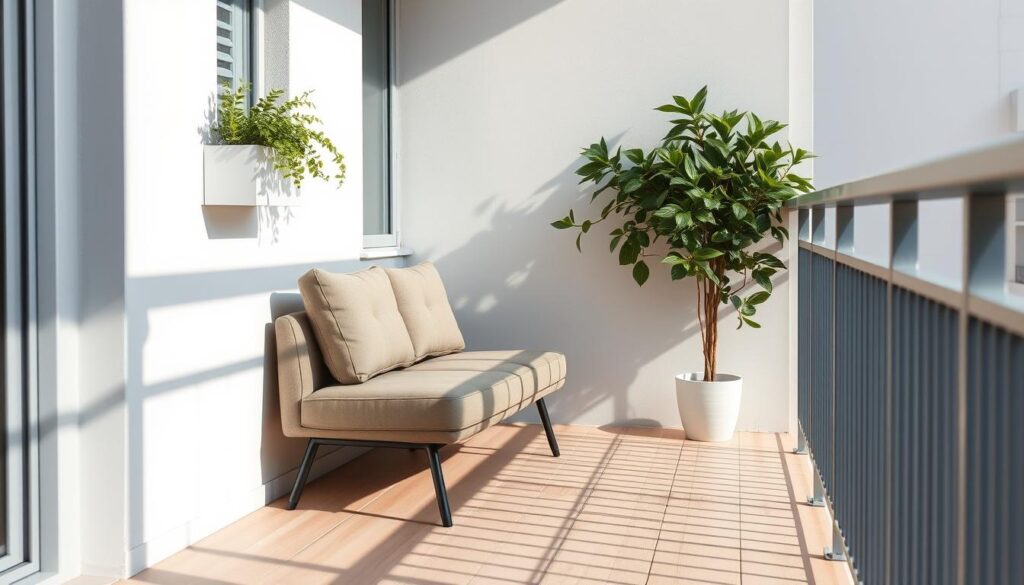 A cozy balcony with a minimalist aesthetic, featuring a small two-seater sofa with sleek, clean lines, positioned against a white wall. A wall-mounted plant stand holds lush greenery, casting soft shadows. The balcony floor is made of light-colored wood, and the overall lighting is natural and warm, creating a serene and inviting atmosphere. The composition emphasizes efficient use of space, with the furniture and decor complementing the narrow dimensions of the balcony. The scene conveys a sense of relaxation and stylish simplicity, perfectly suited for the featured article's topic.