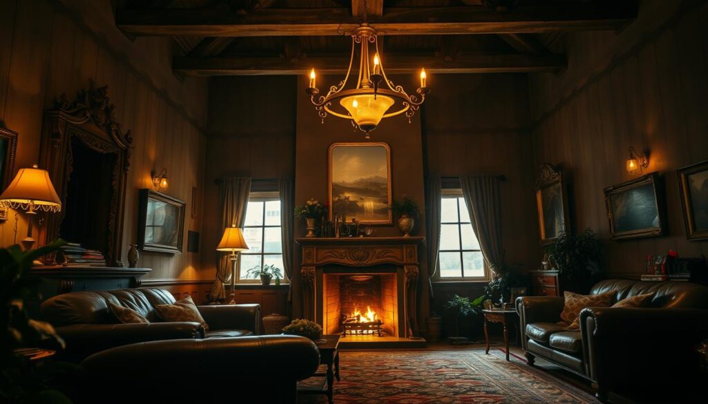 A cozy, dimly-lit living room bathed in the warm, mellow glow of a vintage brass chandelier hanging from a high ceiling. The light casts a soft, amber hue on the weathered wood and leather furnishings, creating a comforting, nostalgic ambiance. An ornate fireplace mantel with intricate carvings stands as the centerpiece, its crackling flames flickering and casting dancing shadows across the room. The walls are adorned with antique mirrors and framed artwork, adding depth and character to the space. Plush area rugs and lush greenery complete the timeless, inviting atmosphere, blending old and new in a harmonious, stylish display.