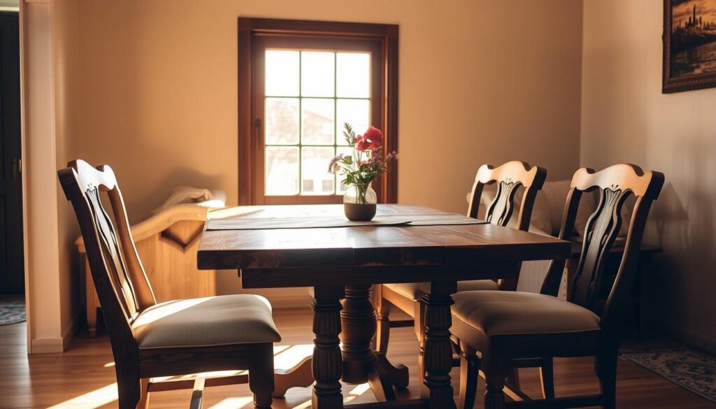 A cozy dining area with a rustic wooden table and four matching chairs, bathed in warm, golden light from a large window. The table is set with a simple linen runner and a small vase of fresh flowers, creating an inviting and refined atmosphere. The chairs have sturdy, carved wooden frames and comfortable upholstered seats, arranged in a symmetrical layout that draws the eye to the focal point of the space. The background features a neutral-toned wall, adding a sense of tranquility and allowing the table and chairs to take center stage. The overall scene exudes a harmonious blend of functionality and aesthetic appeal, perfectly suited for a combined living and dining room.