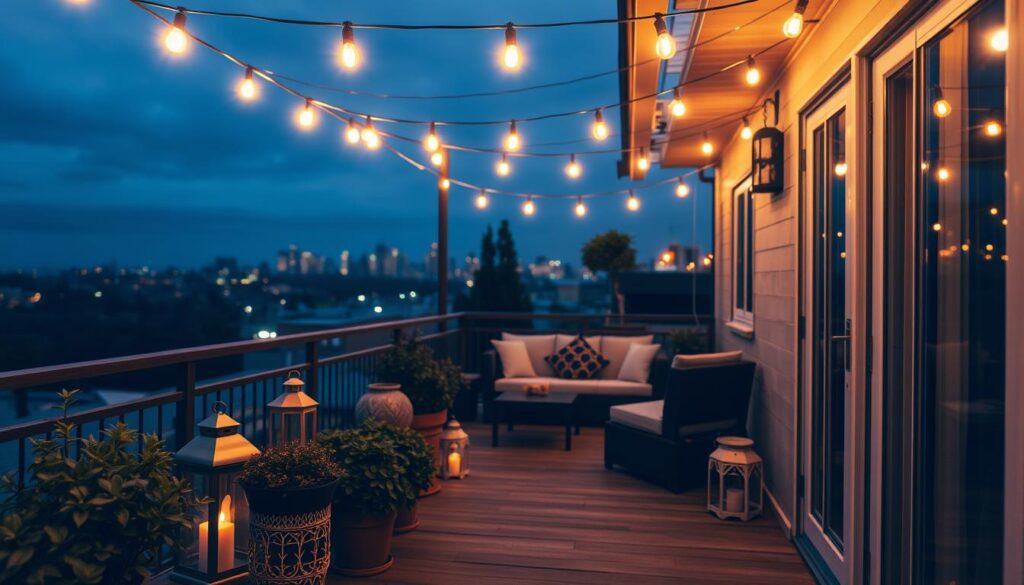 A cozy evening on a small residential balcony, filled with the warm glow of string lights overhead, casting a soft, inviting ambiance. In the foreground, potted plants and decorative lanterns sit atop a wooden deck, while the middle ground features a comfy outdoor sofa and chairs, perfect for relaxing and taking in the view. In the background, the city skyline is visible, hinting at the urban setting. The overall mood is one of tranquility and intimate relaxation, with the lighting creating a welcoming, almost romantic atmosphere perfect for enjoying the evening outdoors.