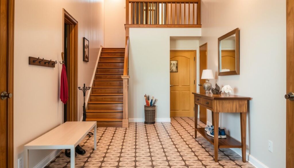 A cozy, functional entryway with a wooden staircase leading to an upper level. The stairs are illuminated by soft, warm lighting from above, casting a comforting glow. The foreground features a sleek, minimalist bench for putting on shoes, complemented by a modern coat rack and umbrella stand. The middle ground showcases a patterned tile floor, adding visual interest. In the background, a wooden console table displays decorative accents, framed by a simple, elegant mirror. The overall atmosphere is inviting and practical, reflecting the space's purpose as a transitional area between the outdoors and the home's interior.