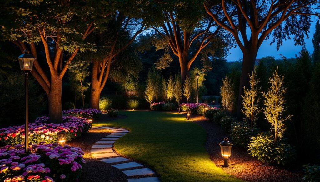 A cozy garden at dusk, illuminated by warm, gentle outdoor lighting. Pathways wind through neatly manicured flower beds, their blooms casting soft shadows. Tall trees and shrubs line the perimeter, their foliage dappled with pockets of light. Elegant, minimalist lamp posts and ground-level path lights guide the way, casting a welcoming glow. The atmosphere is serene and inviting, with a touch of whimsy. Carefully curated lighting creates a sense of safety and security, ensuring the garden can be enjoyed well into the evening.