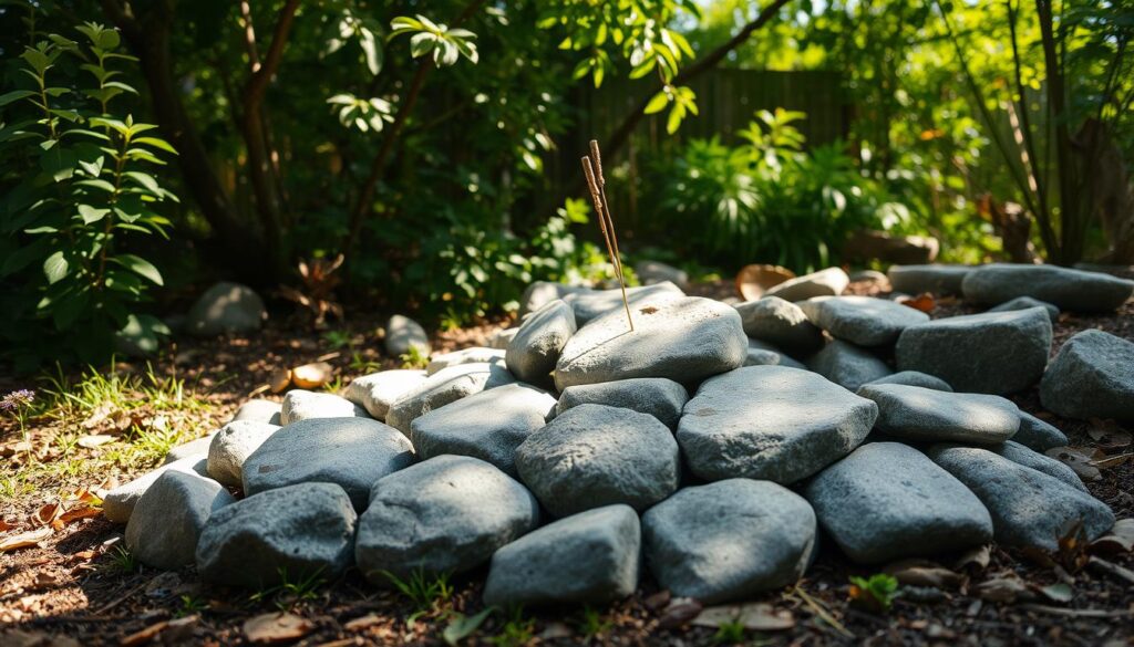 A cozy garden setting, with a mix of natural and rustic elements. In the foreground, an artful arrangement of smooth, weathered fieldstones in varying shades of gray, meticulously placed to create a visually striking focal point. The stones are set against a backdrop of lush, verdant foliage, hinting at the harmony between the man-made and the natural. Dappled sunlight filters through the canopy above, casting a warm, golden glow over the scene and accentuating the textural details of the stones. The overall mood is one of tranquility and thoughtful integration, showcasing how these humble, found objects can be repurposed to elevate a small garden space. A cozy garden setting, with a mix of natural and rustic elements. In the foreground, an artful arrangement of smooth, weathered fieldstones in varying shades of gray, meticulously placed to create a visually striking focal point. The stones are set against a backdrop of lush, verdant foliage, hinting at the harmony between the man-made and the natural. Dappled sunlight filters through the canopy above, casting a warm, golden glow over the scene and accentuating the textural details of the stones. The overall mood is one of tranquility and thoughtful integration, showcasing how these humble, found objects can be repurposed to elevate a small garden space.