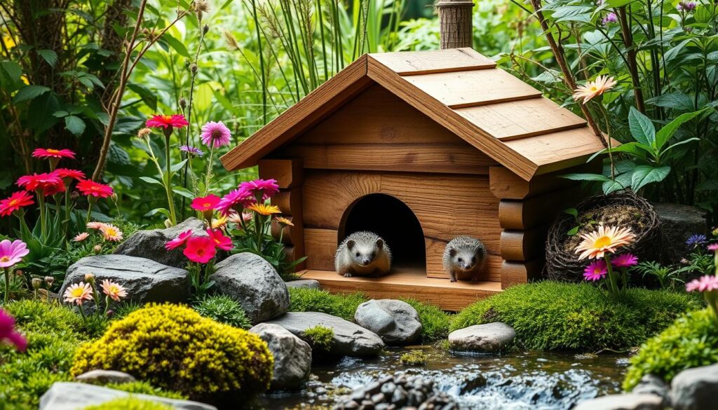 A cozy hedgehog house nestled in a lush, verdant garden. A charming wooden structure with a sloped roof and a welcoming entrance, surrounded by vibrant flowers, mossy rocks, and a gently trickling stream. Soft, diffused lighting bathes the scene, creating a warm, inviting atmosphere. The hedgehog house blends seamlessly with its natural surroundings, providing a safe and comfortable refuge for its inhabitant. The image evokes a sense of tranquility and harmony, inviting the viewer to imagine the hedgehog happily residing within its custom-built abode.
