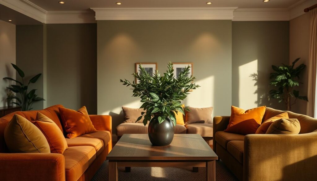 A cozy living room filled with a harmonious palette of warm, earthy tones. The foreground features a plush sofa in a rich terracotta hue, accented by a pair of velvet armchairs in a deep olive green. Decorative throw pillows in complementary mustard yellow and burnt sienna hues add texture and depth. In the middle ground, a wooden coffee table is topped with a vase of lush, greenery-filled plants, casting soft shadows across the room. The background showcases a feature wall painted in a soothing, muted sage color, creating a serene and inviting atmosphere. Indirect lighting from hidden sources casts a gentle, ambient glow, enhancing the room's cozy and relaxing ambiance.