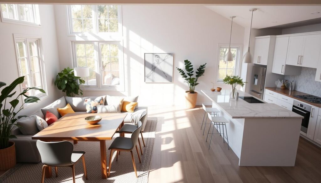 A cozy, open-concept living area with a modern kitchen and dining nook. Sunlight streams through large windows, illuminating a plush, L-shaped sectional sofa and a sleek, wooden dining table surrounded by minimalist chairs. The kitchen features clean, white cabinetry, a marble-topped island, and stainless steel appliances. Subtle pops of color, such as vibrant throw pillows and a lush, potted plant, add warmth and personality to the space. The overall atmosphere is one of stylish functionality, seamlessly blending living, cooking, and dining areas into a harmonious, contemporary home interior.