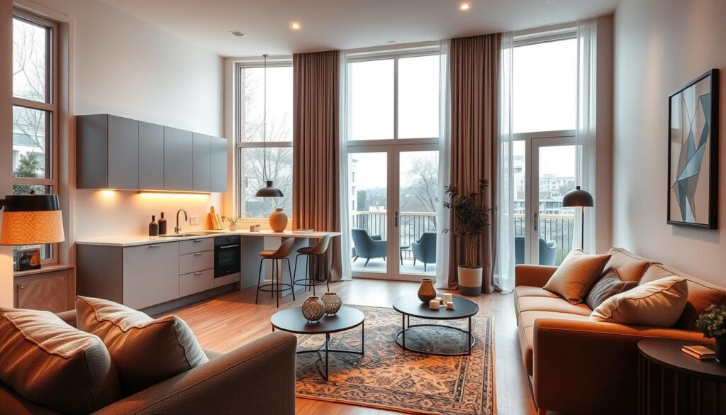 A cozy open-plan living space featuring a modern kitchen nook integrated seamlessly with a stylish living room. The kitchen features clean lines, sleek cabinetry, and a minimalist countertop. Warm ambient lighting casts a soft glow, creating a inviting atmosphere. Large windows let in abundant natural light, blending the indoor and outdoor spaces. Plush furniture, a statement rug, and tasteful decor elements lend a sophisticated, yet homely ambiance to the room. The layout is efficient and practical, optimizing the limited space of a compact apartment. The overall design balances function and aesthetics, making the most of the open-concept layout.