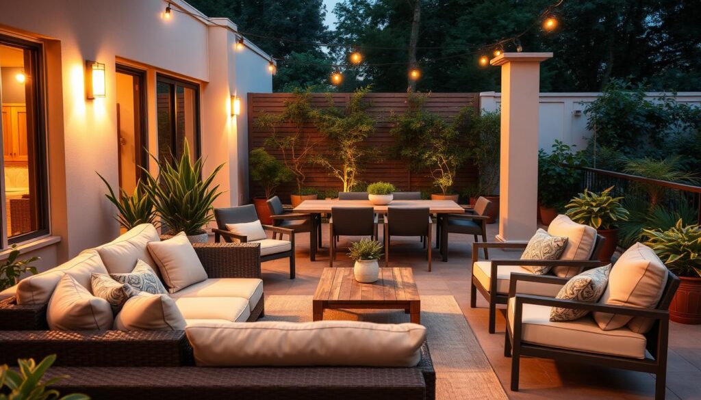 A cozy outdoor terrace furnished with a stylish collection of weather-resistant patio furniture. In the foreground, a modern sectional sofa with plush cushions in muted tones, complemented by a pair of armchairs and a low-profile coffee table made of durable materials like wicker or teak. In the middle ground, a dining set with a sturdy, rectangular table and matching chairs, ideal for alfresco meals. The background features potted plants and greenery, creating a lush, natural ambiance. Warm, diffused lighting from discreet outdoor fixtures casts a gentle glow, enhancing the inviting and relaxing atmosphere. The entire scene evokes a sense of comfort, functionality, and harmony with the outdoor environment.