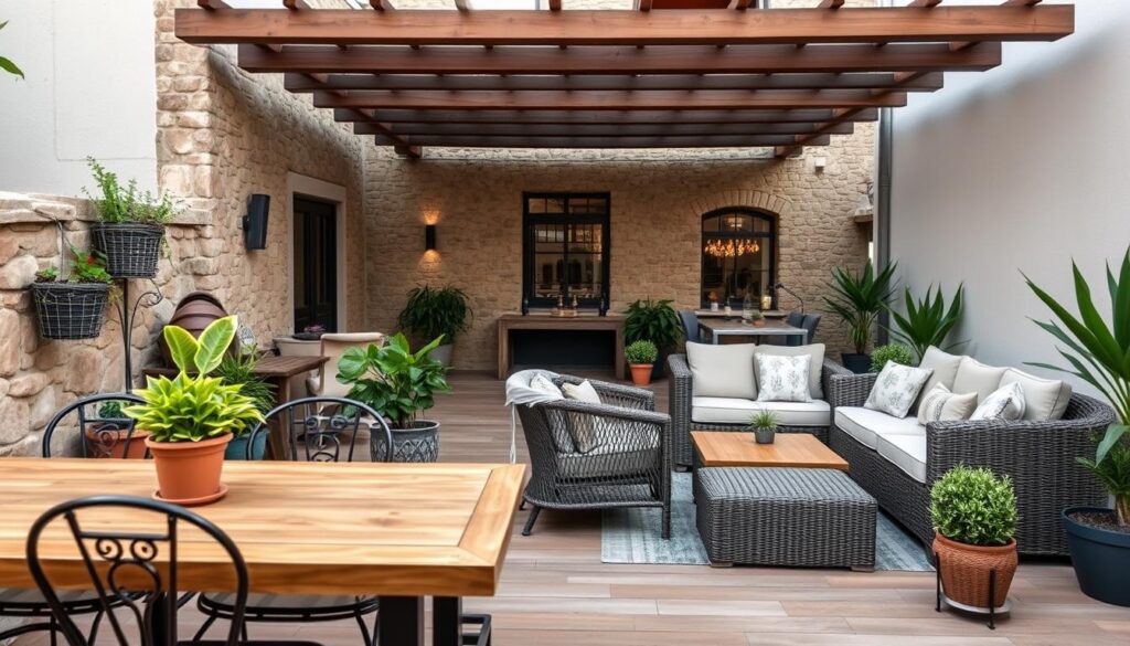 A cozy outdoor terrace with a mix of rustic and modern furnishings. In the foreground, a wooden dining table with metal chairs is surrounded by lush potted plants. In the middle ground, a comfortable lounge area features wicker armchairs and a plush L-shaped sofa. The background showcases a stone wall with a wooden pergola, casting soft, warm lighting across the scene. The overall atmosphere is one of relaxation and inviting elegance, perfect for enjoying a leisurely afternoon or evening. The composition is balanced, with clean lines and a harmonious color palette that creates a visually appealing and cohesive design.