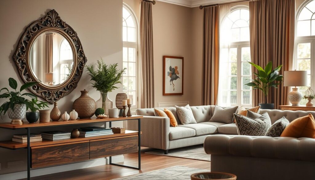 A cozy, stylish living room with decorative accessories and design elements. In the foreground, an ornate mirror, lush plants, and a collection of decorative vases, candles, and trinkets adorn a sleek wooden console table. The middle ground features a plush, tufted sofa and armchair in muted, neutral tones, accented by throw pillows in complementary colors and patterns. The background showcases tall windows that flood the space with warm, natural light, lending a tranquil, inviting atmosphere. The overall scene captures the essence of tasteful, curated interior design, inspiring ideas for decorative touches that elevate a living space.