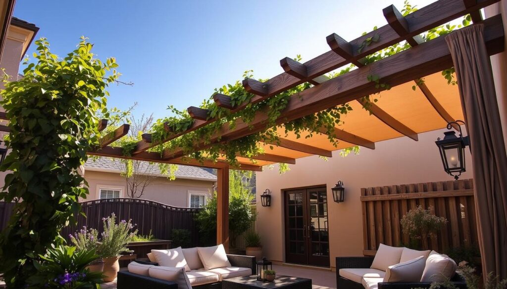 A cozy, sun-drenched terrace with a elegant, custom-made pergola overhead, casting a warm, dappled shade across the space. The structure is crafted from weathered wood beams and metal accents, blending seamlessly with the surrounding architecture. Lush, trailing vines and greenery cascade from the pergola, creating a serene, natural ambiance. Plush, cushioned lounge furniture invites relaxation, while strategically placed lighting fixtures subtly illuminate the area, setting the mood for alfresco dining and entertainment on cool evenings. The scene conveys a sense of comfort, privacy and timeless style, perfectly suited for enjoying the outdoors in any weather.