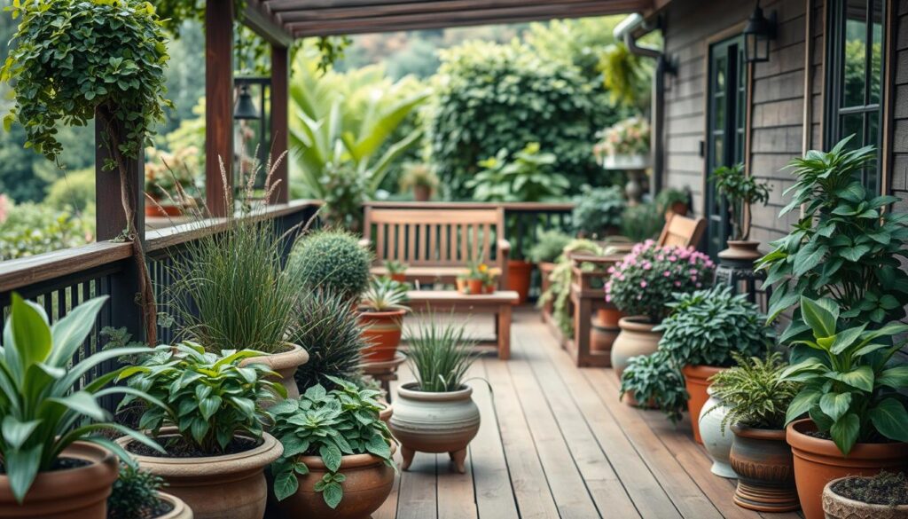 A cozy terrace with a collection of potted plants, meticulously arranged to create a harmonious and inviting outdoor space. The foreground features a variety of lush, thriving plants in decorative ceramic planters, their vibrant colors and textures complementing the natural wood decking. In the middle ground, there are rustic wooden benches or chairs, inviting one to relax and enjoy the tranquil ambiance. The background showcases a backdrop of verdant greenery, perhaps a garden or a natural landscape, adding depth and a sense of serenity to the scene. Soft, diffused lighting illuminates the setting, creating a warm and welcoming atmosphere, perfect for outdoor living and entertaining.