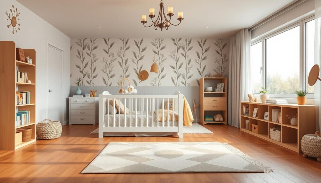 A cozy, well-designed child's bedroom with a playful, yet soothing atmosphere. In the foreground, a cheerful area rug in a geometric pattern lays on a warm wooden floor. Mid-ground features a white wooden crib with soft, pastel-colored bedding and a mobile overhead. Bookshelves line the walls, filled with storybooks and toys. Hanging from the ceiling, a chandelier with soft, ambient lighting casts a gentle glow throughout the space. In the background, a large window allows natural light to flood the room, highlighting the serene, nature-inspired wallpaper. Subtle, earthy tones and natural textures create a calming, nurturing environment perfect for a growing child.