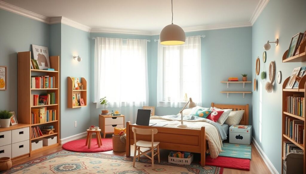 A cozy, well-lit children's bedroom with soft, diffused lighting. A large window floods the space with natural light, casting a warm glow on the pale blue walls. In the foreground, a charming desk setup with a task lamp, stationery, and a potted plant. Plush, colorful rugs and pillows on a wood-framed bed create a comfortable, inviting atmosphere. Bookshelves line the walls, filled with vibrant, imaginative storybooks. Subtle, ambient lighting from wall sconces and a pendant fixture overhead provide a soothing ambiance for rest and study.