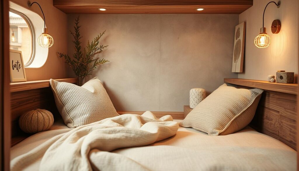 A cozy, well-lit small interior with a delicate balance of textures that add depth and visual interest without overwhelming the space. Soft, muted tones of natural materials like wood, linen, and stone create a serene, inviting atmosphere. Subtle patterns in the textiles and decorative accents lend a sense of elegance, while carefully placed lighting casts warm, gentle shadows that accentuate the textures. The overall composition feels harmonious and thoughtfully curated, reflecting a refined, minimalist aesthetic that enhances the sense of spaciousness in the compact room.