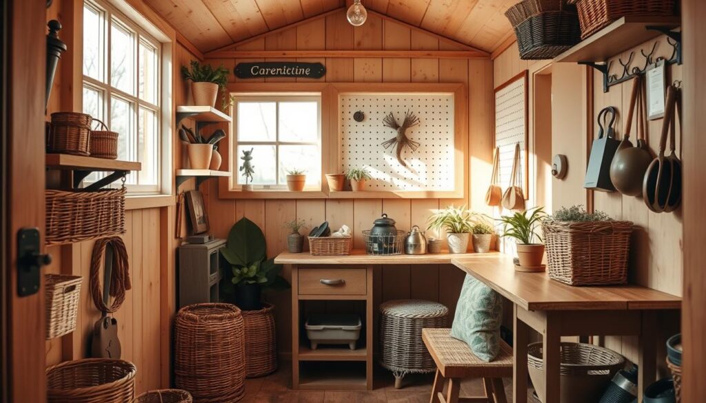 A cozy, well-organized interior of a small cottage or garden shed, bathed in warm, natural lighting. Cleverly designed storage solutions maximize the limited space, with built-in shelves, wall-mounted pegboards, and multi-purpose furniture pieces. Rustic, earthy tones create a charming, inviting atmosphere. Carefully curated decor elements, such as wicker baskets, potted plants, and vintage-inspired accessories, add character and personality. The overall scene conveys a sense of efficiency, practicality, and a touch of whimsy, perfectly suited for the "Przechowywanie bez bałaganu: sprytne rozwiązania do małego metrażu" section of the article.