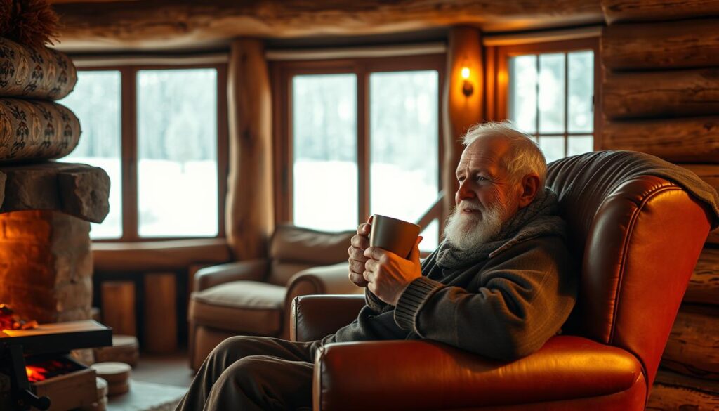 A cozy winter scene in a rustic log cabin, the fireplace roaring as an elderly man sits contentedly in a worn leather armchair, sipping from a steaming mug. Soft, warm lighting casts a golden glow, highlighting the intricate textures of the wooden beams and the man's weathered face. In the background, a snow-covered landscape can be seen through the frosty windowpanes, adding to the sense of comfort and isolation. The scene conveys a peaceful, tranquil atmosphere, reflecting the harmony between the home's construction and the natural elements outside.