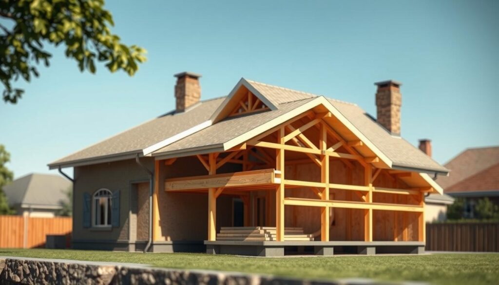 A cross-section view of a residential building, showcasing the impact of roof slope on its structural integrity and insulation. The foreground features a detailed 3D model of a pitched roof, with a focus on the precise angle and construction materials. The middle ground highlights the interior framing and load-bearing elements, demonstrating how the roof slope influences the overall structural design. The background provides a contextual rendering of the building's exterior, emphasizing the harmonious integration of the roofing system with the overall architectural aesthetic. The scene is illuminated by natural sunlight, casting subtle shadows that accentuate the dimensional aspects of the roof and its supporting framework. The overall mood conveys a sense of technical precision and engineering excellence, suitable for an article exploring the relationship between roof slope and construction requirements.