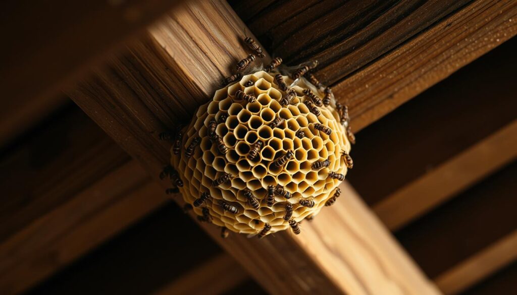 A detailed and realistic wasp nest clinging to the underside of a wooden roof beam, shot in natural daylight with a shallow depth of field. The nest is partially obscured by the shadows, creating an ominous, foreboding atmosphere. The intricate hexagonal structure of the paper-like comb is clearly visible, with the worker wasps crawling in and out. The nest is positioned in the middle ground, with the surrounding wood and rafters forming the background. The lighting creates subtle highlights and shadows, emphasizing the texture and form of the nest.