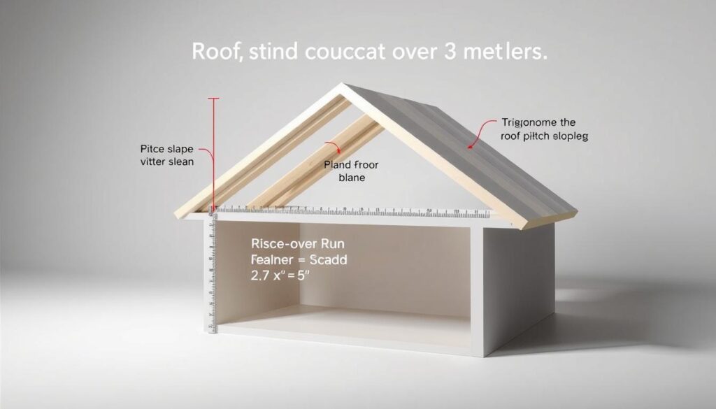A detailed architectural diagram depicting the calculation of roof pitch over a 3-meter span. The image features a cutaway view of a house, showcasing the roof structure and relevant measurements. The foreground displays a ruler or measuring tape aligned with the roof slope, highlighting the rise over run calculation. The middle ground shows the roof frame in cross-section, with clear annotations explaining the trigonometric formula to determine the roof pitch angle. The background provides a neutral, minimalist setting to emphasize the technical focus. The lighting is neutral, with soft shadows accentuating the dimensional aspects. The overall mood is informative and technical, suitable for a professional engineering article.
