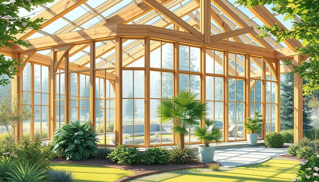 A detailed architectural drawing of a beautiful, well-lit winter garden, showcasing its intricate construction and elegant design. The structure features large, expansive windows that let in abundant natural light, creating a warm and inviting atmosphere. The glass panels are expertly framed by sturdy, wooden beams that seamlessly blend the indoor and outdoor spaces. The winter garden is nestled within a lush, verdant landscape, with carefully manicured plants and trees surrounding the structure. The image should convey a sense of tranquility and peacefulness, highlighting the necessary permits and approvals required for the construction of such a sophisticated and functional outdoor living space.