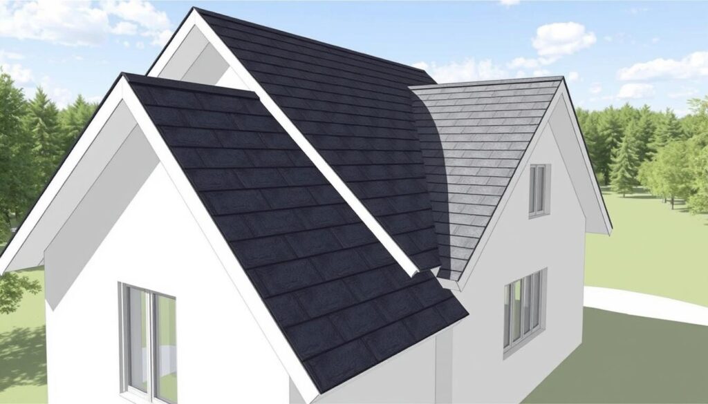 A detailed architectural illustration showcasing the roof angles and their impact on construction, covering, and installation. The scene depicts a modern A-frame house with a prominent gable roof, its pitch angles clearly visible. The foreground highlights the roof's geometry, with clean lines and sharp ridges casting dramatic shadows. The middle ground features the roof's intersection with the building's walls, accentuating the structural relationship. The background suggests a serene, natural setting, hinting at the environmental factors that influence roof design. The image is rendered with a technical, engineering-inspired aesthetic, using a neutral color palette and precise, technical detailing to convey the subject's technical nature.