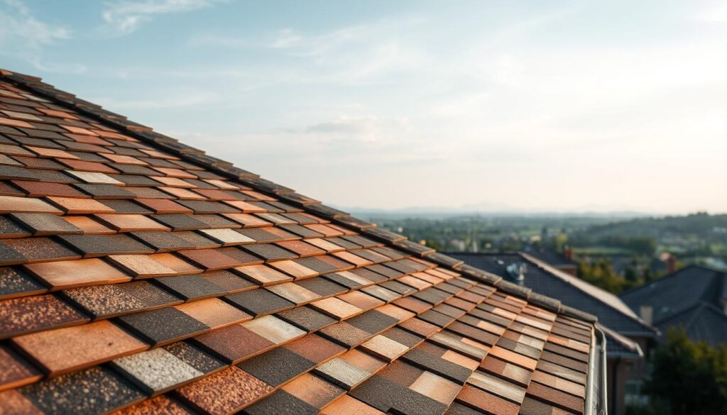 A detailed architectural roof with various roofing materials, showcasing their textures and colors. The foreground highlights the intricate patterns and overlapping tiles or shingles, capturing the artistry and craftsmanship of the roofing installation. The middle ground presents a panoramic view of the roof's overall shape and slope, blending seamlessly with the surrounding environment. The background features a picturesque landscape, hinting at the building's setting and the harmony between the structure and its natural surroundings. The lighting is soft and diffused, creating a warm, inviting atmosphere that emphasizes the durability and aesthetic appeal of the roofing system. A detailed architectural roof with various roofing materials, showcasing their textures and colors. The foreground highlights the intricate patterns and overlapping tiles or shingles, capturing the artistry and craftsmanship of the roofing installation. The middle ground presents a panoramic view of the roof's overall shape and slope, blending seamlessly with the surrounding environment. The background features a picturesque landscape, hinting at the building's setting and the harmony between the structure and its natural surroundings. The lighting is soft and diffused, creating a warm, inviting atmosphere that emphasizes the durability and aesthetic appeal of the roofing system.