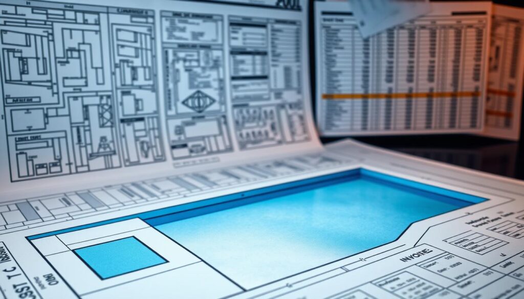 A detailed blueprint of a swimming pool construction project, showcasing the various components and their costs. In the foreground, a precise technical diagram depicts the pool's dimensions, materials, and structural elements. The middle ground features a 3D visualization of the pool's layout, surrounded by architectural plans and financial calculations. The background presents a neatly organized set of invoices, receipts, and cost breakdowns, illuminated by soft, warm lighting to convey a sense of professionalism and attention to detail. The overall composition emphasizes the comprehensive nature of the pool construction process, with a focus on the intricate planning and budgeting required for a successful project.