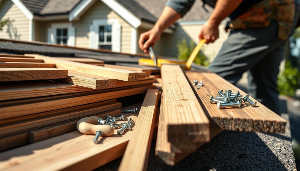 A detailed close-up of construction materials and tools used for installing roof soffits on a two-slope residential dwelling. The foreground features various types of wooden boards, trim, and fasteners arranged neatly. The middle ground shows a worker's hands precisely measuring and cutting the materials. The background depicts the exterior of the house with a partly visible roof structure. The lighting is natural, casting soft shadows that accentuate the textures. The overall mood is one of precision, craftsmanship, and attention to detail, reflecting the careful process of installing quality roof soffits.