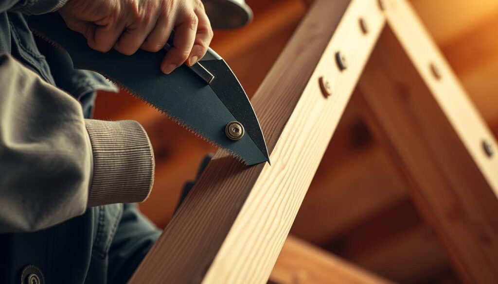 A detailed close-up view of a carpenter using a hand saw to carefully cut into the end of a wooden roof truss, the grain and texture of the wood clearly visible. Soft, warm lighting highlights the concentration on the worker's face as they precisely measure and mark the angle for the cut. The background is slightly blurred, emphasizing the focus on the technical process of notching the timber to prepare it for proper installation as part of a home's roofing structure. The overall scene conveys the skill and attention to detail required for this crucial step in roof framing construction.
