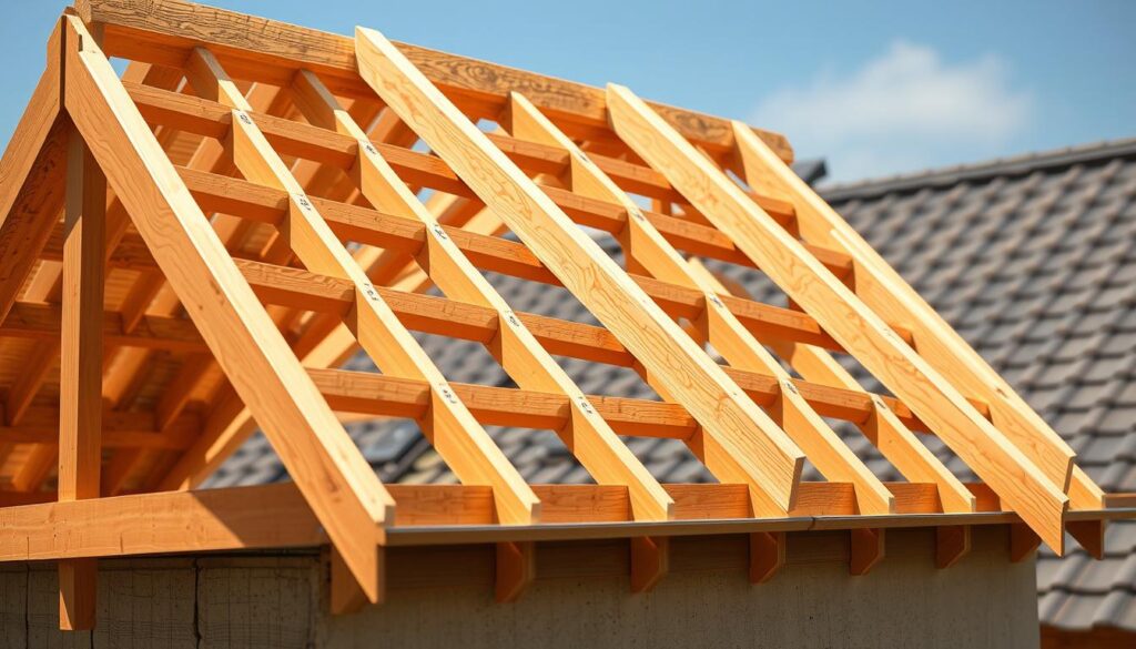 A detailed cross-section of a single-slope roof construction, showcasing its intricate framework. The foreground depicts the roof truss system, with precisely aligned wooden beams and supports. The middle ground features the roof deck, seamlessly integrated with the truss design. In the background, the roof coverings, such as tiles or shingles, are visible, creating a harmonious visual balance. Subtle natural lighting casts soft shadows, accentuating the structural elements. The overall composition conveys a sense of technical precision and craftsmanship, suitable for illustrating the construction details of a single-slope roof.