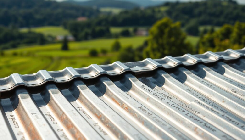 A detailed, high-resolution image of a trapezoidal metal roofing sheet in a natural outdoor setting. The sheet is made of corrugated steel with a smooth, metallic sheen, casting subtle reflections of the surrounding environment. The trapezoidal profile is accentuated by crisp, clean lines and sharp edges. The sheet is positioned at a slight angle, allowing the viewer to appreciate its distinctive shape and texture. The background features a tranquil, rural landscape with lush greenery, perhaps a distant forest or rolling hills, creating a serene and naturalistic atmosphere. Soft, diffused natural lighting enhances the material's tactile qualities and casts gentle shadows, conveying a sense of depth and dimension.