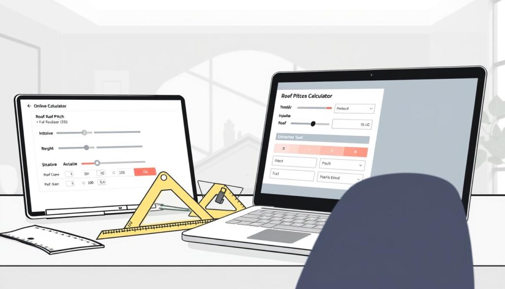 A detailed illustration of various roof pitch calculators and tools displayed on a modern, minimalist desktop setup. The foreground features a laptop screen showcasing an intuitive online calculator interface, with adjustable sliders and input fields for roof dimensions. In the middle ground, an architect's drafting tools like protractors and rulers are neatly arranged, hinting at the technical nature of the task. The background depicts a muted, natural-toned interior with hints of natural light filtering in, creating a serene and focused atmosphere for working on roof angle calculations.