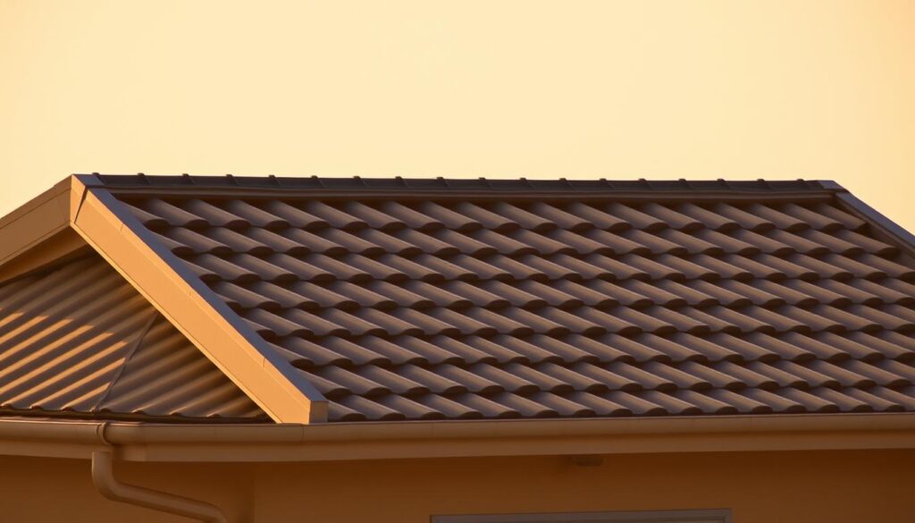 A detailed, one-story roof structure with a uniform, gently sloped pitch. The roof is bathed in warm, directional lighting that casts soft shadows, highlighting its simple yet elegant design. The roofing material appears to be a high-quality, uniform metal or tile, reflecting the light and adding a subtle sheen. The roof is set against a neutral, hazy background, allowing the architecture to take center stage. The overall mood is one of understated sophistication and timeless appeal, perfectly suited to illustrate the section on single-slope roof options.
