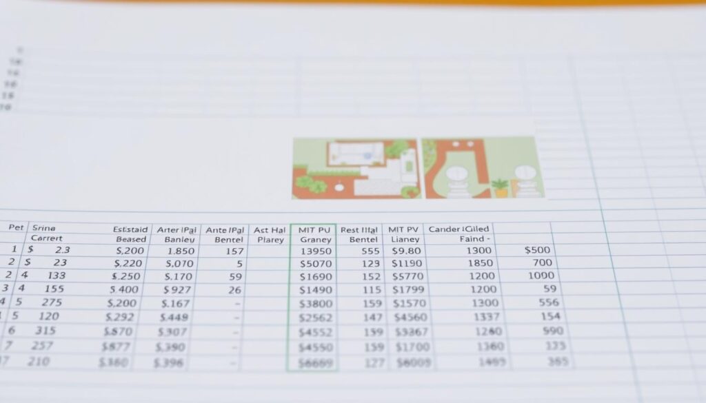 A detailed spreadsheet showing meticulously calculated cost estimates for a typical residential garden design project. The foreground features a clean, minimalist table layout with crisp numeric values and carefully formatted cells. The middle ground showcases an array of garden design elements like plants, pathways, and furnishings, depicted in a technical, schematic style. The background blends a soft, muted color palette with subtle grid lines, conveying a sense of order and precision. Bright, even lighting from an overhead source illuminates the entire scene, emphasizing the technical, analytical nature of the content. The overall mood is one of professionalism, efficiency, and attention to detail, perfectly suited to illustrate the section on cost calculations for garden design. A detailed spreadsheet showing meticulously calculated cost estimates for a typical residential garden design project. The foreground features a clean, minimalist table layout with crisp numeric values and carefully formatted cells. The middle ground showcases an array of garden design elements like plants, pathways, and furnishings, depicted in a technical, schematic style. The background blends a soft, muted color palette with subtle grid lines, conveying a sense of order and precision. Bright, even lighting from an overhead source illuminates the entire scene, emphasizing the technical, analytical nature of the content. The overall mood is one of professionalism, efficiency, and attention to detail, perfectly suited to illustrate the section on cost calculations for garden design.