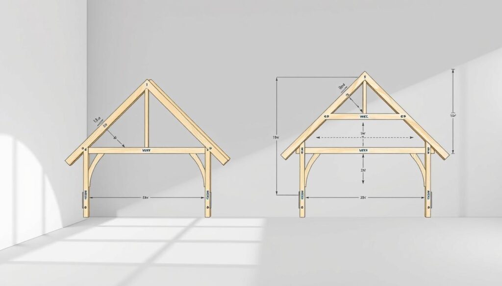 A detailed technical illustration of typical roof truss cross-sections, showcasing the key dimensions and construction elements. The scene is set in a softly lit, minimalist studio environment, with a neutral gray background that allows the truss designs to take center stage. The trusses are rendered with precise line work, highlighting the essential measurements and structural components such as the top and bottom chords, web members, and connectors. The lighting casts gentle shadows, accentuating the 3D form and materiality of the wood or steel trusses. The overall mood is informative and technical, conveying the necessary details for the article's "Wymiary krokwi" section.