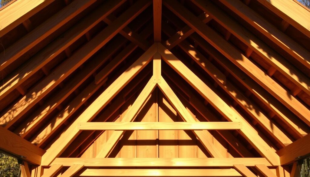 A detailed, well-crafted roof frame for a hip roof pavilion, crafted with precision and care. The intricate lattice of beams and trusses forms a sturdy, triangular structure, ready to support the weight of the roofing materials. The frame is bathed in soft, natural lighting, casting warm shadows that accentuate the wood's grain and texture. The overall composition conveys a sense of stability, functionality, and attention to craftsmanship, perfectly suited to illustrate the step-by-step process of building a hip roof pavilion.