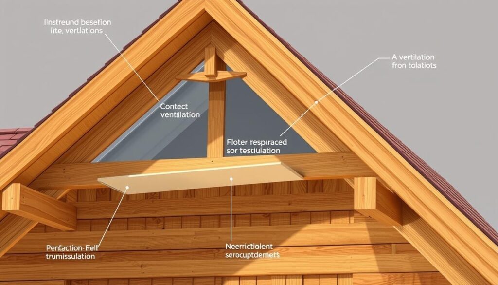 A detailed, well-lit architectural illustration showcasing the various functions and features of a roof soffit (podbitka) on a classic two-slope (dwuspadowy) roof. The soffit is depicted in warm, natural wood tones, elegantly integrated with the roof structure. The scene highlights the soffit's key roles, including ventilation, insulation, and aesthetic enhancement, all within the context of the broader roof design. Crisp shadows and reflections convey the depth and dimension of the components. The overall mood is one of refined functionality and timeless craftsmanship.
