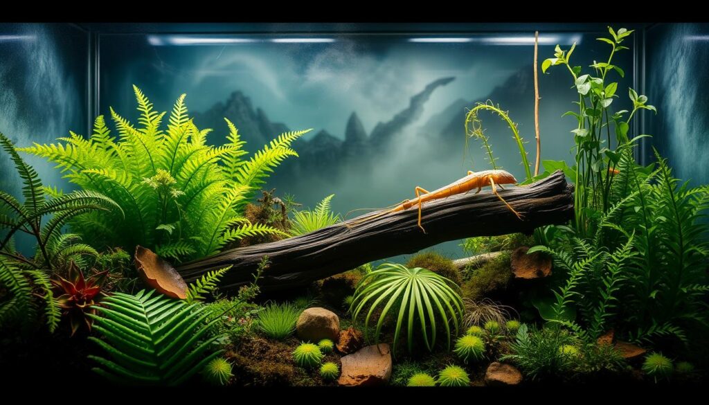 A detailed, well-lit terrarium filled with lush, vibrant greenery. The foreground features a variety of thriving plants, including ferns, mosses, and delicate flora, arranged in a naturalistic composition. The middle ground showcases a wooden log or branch, providing a natural perch for a stick insect, its intricate camouflage blending seamlessly with the surroundings. The background depicts a misty, atmospheric scene, with soft lighting filtering through the glass enclosure, creating a serene and contemplative ambiance. The overall scene conveys the tranquility and captivating beauty of a carefully curated terrarium, suitable for housing a stick insect.