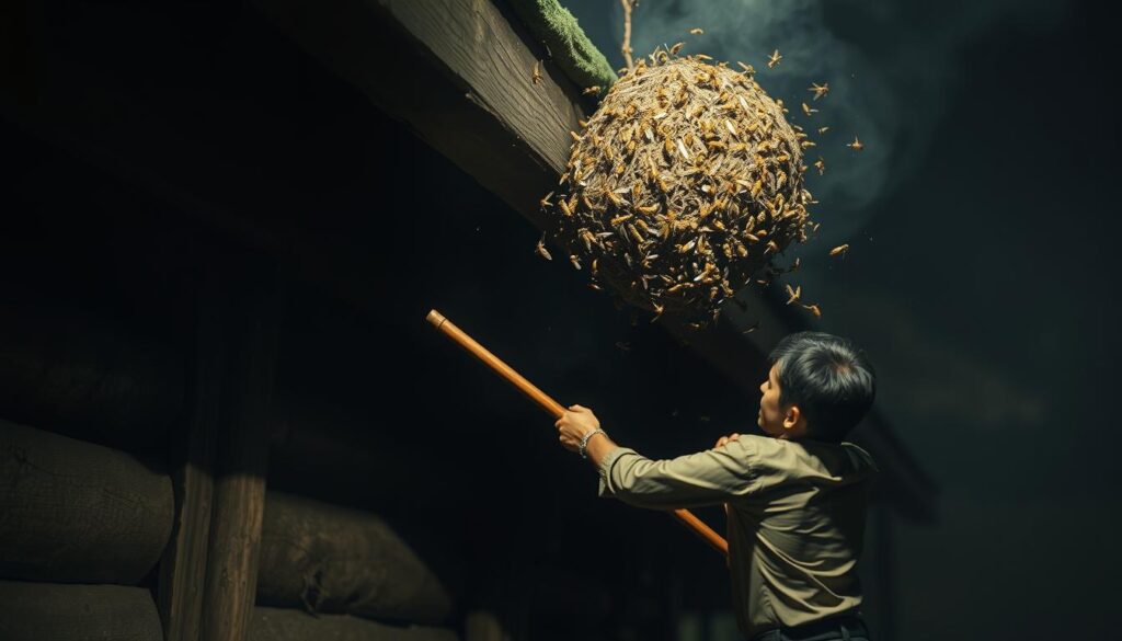 A dimly lit scene depicting the hazardous removal of a wasp nest. In the foreground, a person crudely attempting to knock down the nest with a long stick, their body tensed with apprehension. The nest clings precariously to the eaves of a rural wooden structure, the wasps swarming aggressively around it. The background is hazy, emphasizing the precarious nature of the situation, with a sense of impending danger. The lighting is harsh, creating dramatic shadows that heighten the sense of risk. The overall atmosphere conveys the foolhardy and reckless nature of this approach, in contrast with the careful, professional methods that should be employed.