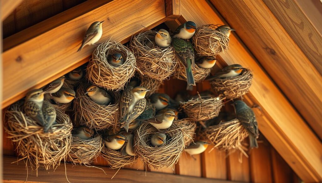 A flock of diverse bird species, each constructing intricate nests beneath the eaves of a cozy, rustic wooden barn. Sparrows, swallows, and finches adeptly weave twigs, grass, and feathers into sheltered havens, their chirps and flutters filling the warm, golden-hued afternoon air. The scene is captured through a soft, romantic lens, emphasizing the natural harmony between the birds and their architectural backdrop. Warm sunlight filters through the rafters, casting gentle shadows and highlighting the textures of the nesting materials. The overall composition conveys a sense of peaceful domesticity, showcasing the variety of avian homebuilders that thrive in close proximity to human dwellings.